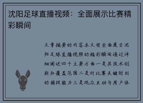 沈阳足球直播视频：全面展示比赛精彩瞬间